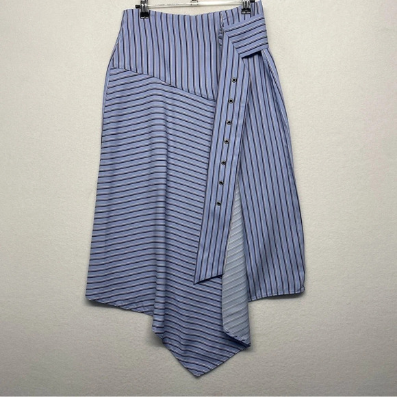 Tibi Blue Striped Asymmetric Shirting Midi Skirt 4 Stripe Blue - Picture 7 of 12
